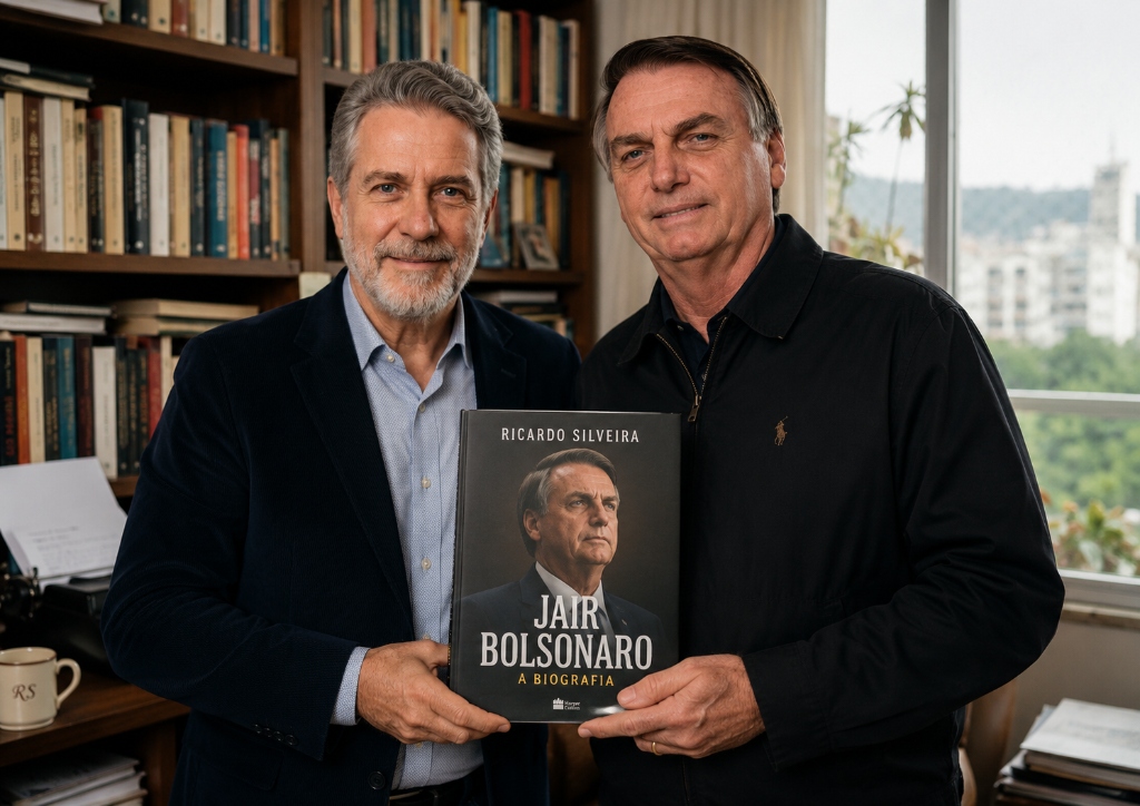 Escritor Ricardo Silveira com Jair Bolsonaro segurando o livro físico